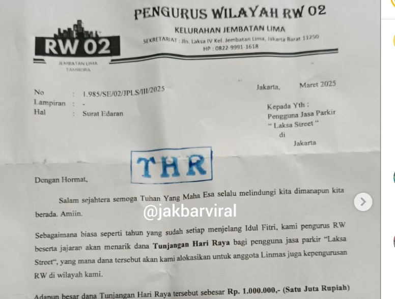 Heboh Surat RW di Jakbar Minta THR Rp1 Juta ke Pengusaha, Polisi Turun Tangan!. (IG@jakbarviral).